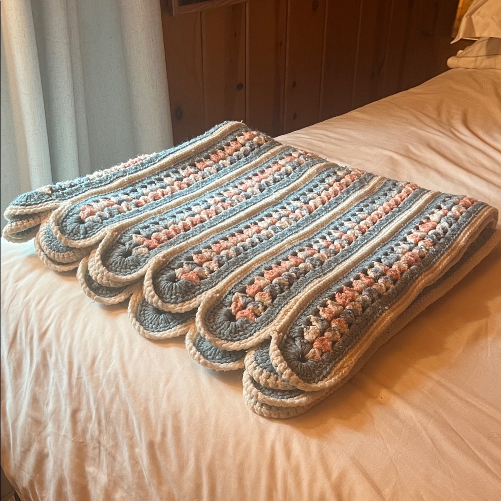 Crochet Blanket with Blue and Pink Stripes